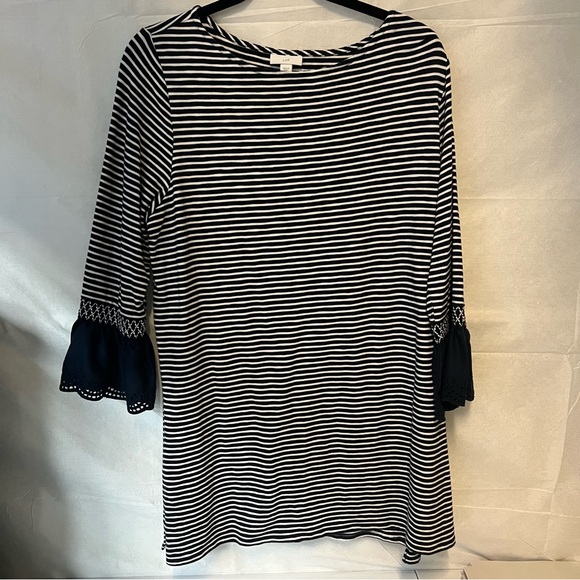 J.Jill Stylish Mixed-Media Smocked-Sleeve Tunic navy and white size large women - Picture 6 of 14